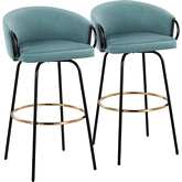 Claire Bar Stool in Black Metal, Gold & Light Blue Velvet (Set of 2)